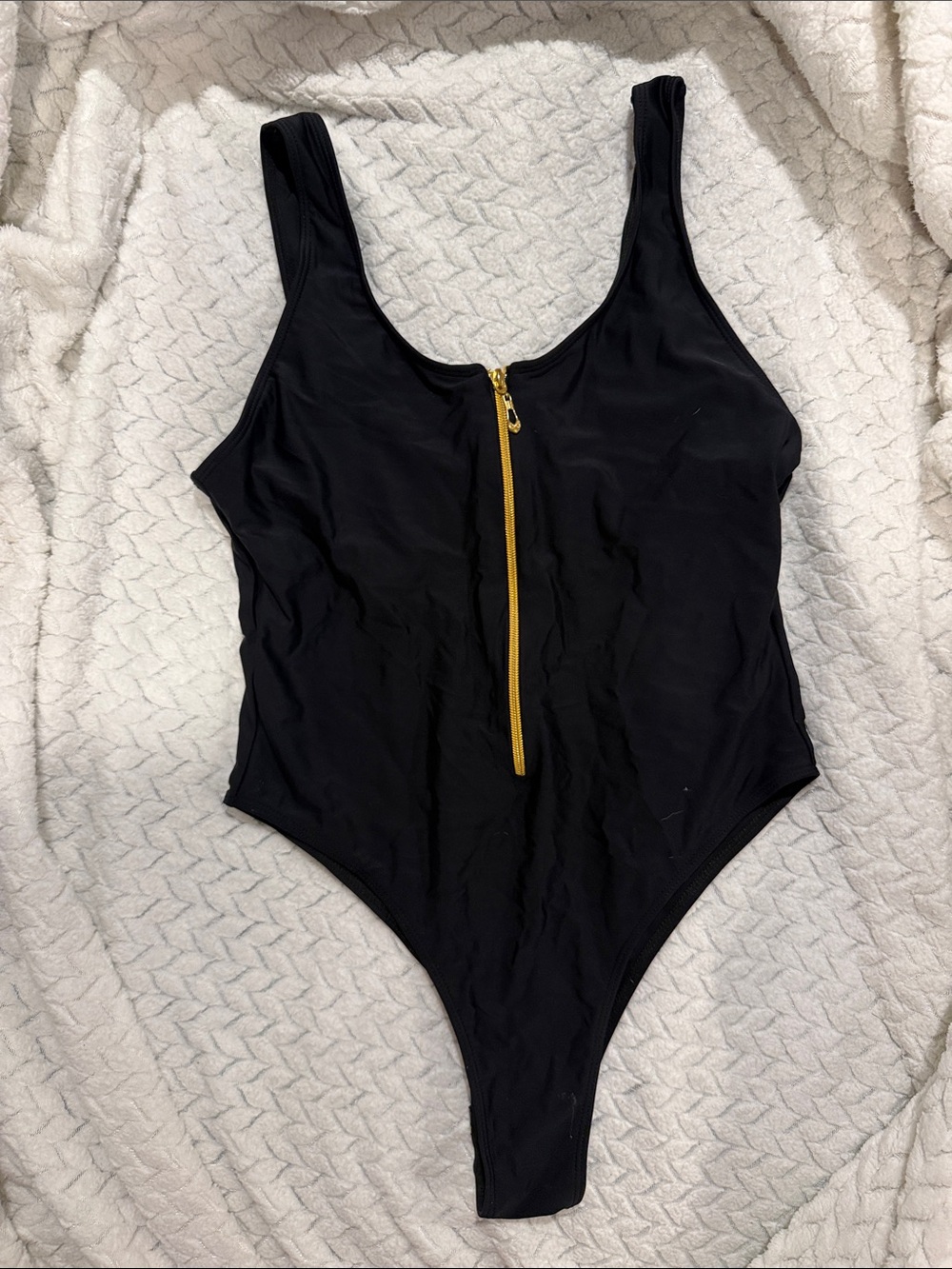 SHEIN Black One-Piece Swimsuit with Gold Zipper